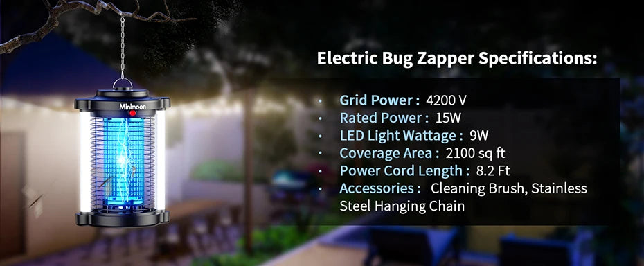 Minimoon Bug Zapper Outdoor Mosquito Zapper with Dual LED Light 4200V Fly Zapper 15W Electric Fly Traps Outdoor IPX4 Insect Trap